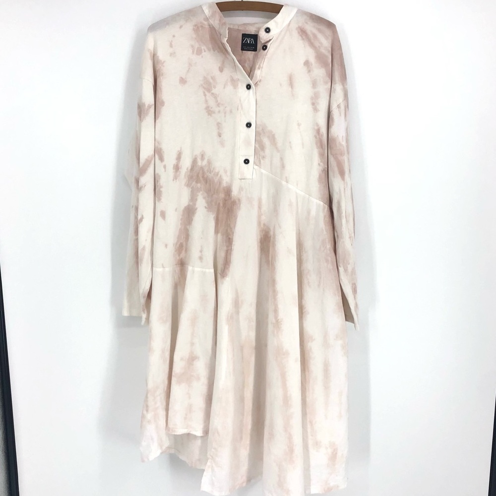 Zara Tan Tie Dye Button Front Midi Shirt Dress L